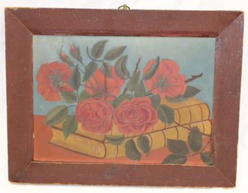 Antique o/bd still life of roses on a book - 13"x17"