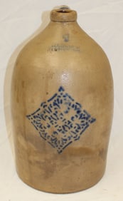 H. Cowden Harrisburg PA 4 gal stoneware jug w cobalt diamond shaped dec - 17 1/2" tall