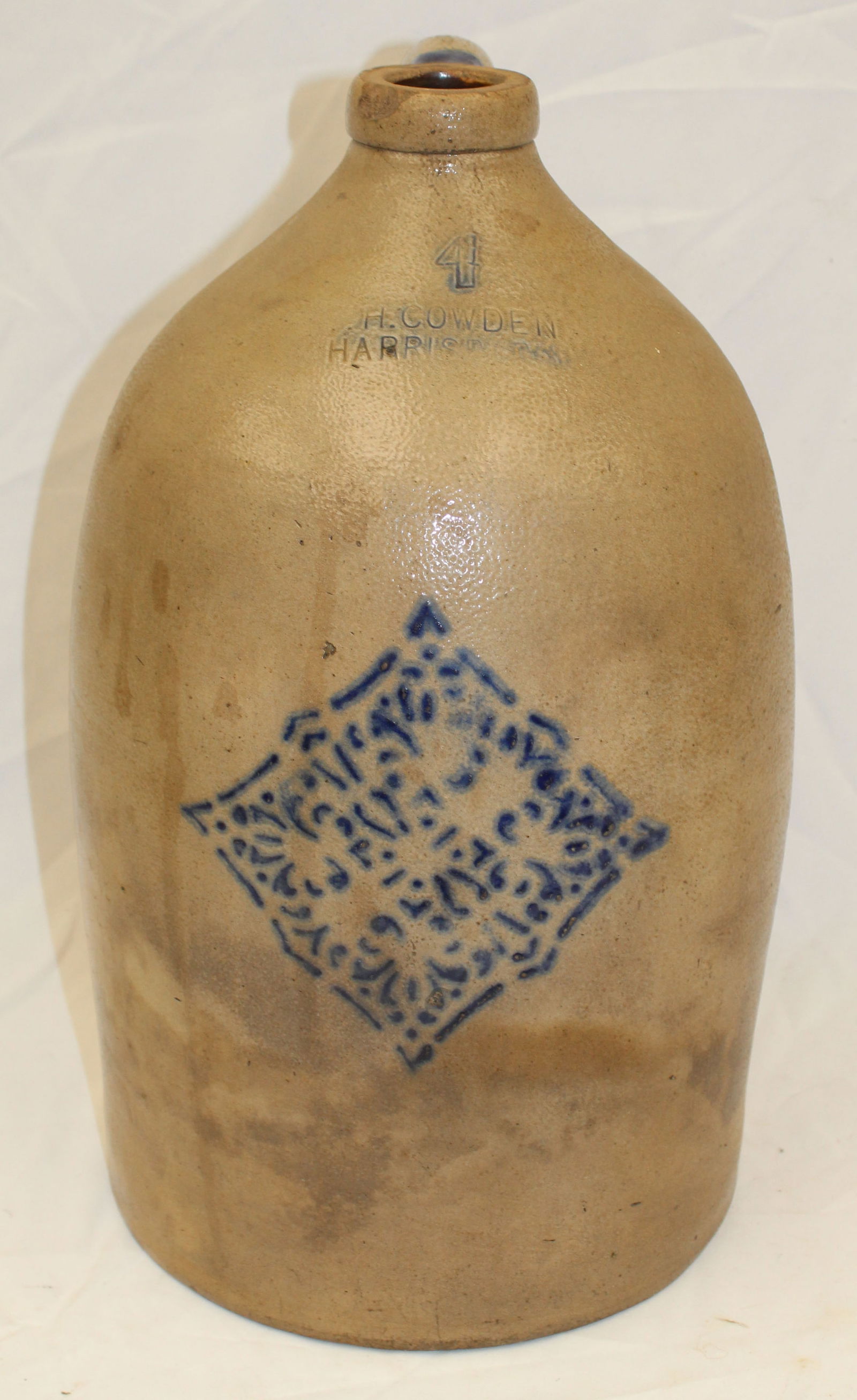 H. Cowden Harrisburg PA 4 gal stoneware jug w cobalt diamond shaped dec - 17 1/2" tall: H. Cowden Harrisburg PA 4 gal stoneware jug w cobalt diamond shaped dec - 17 1/2" tall