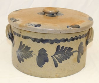 Stoneware cake crock w cobalt leaf & floral dec - 13" diam x 8" tall