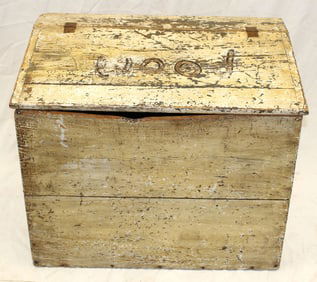 Antique wood box in cream colored paint w "Wood" painted on lid - 25" tall x 29 1/2" wide x 18 1/2"