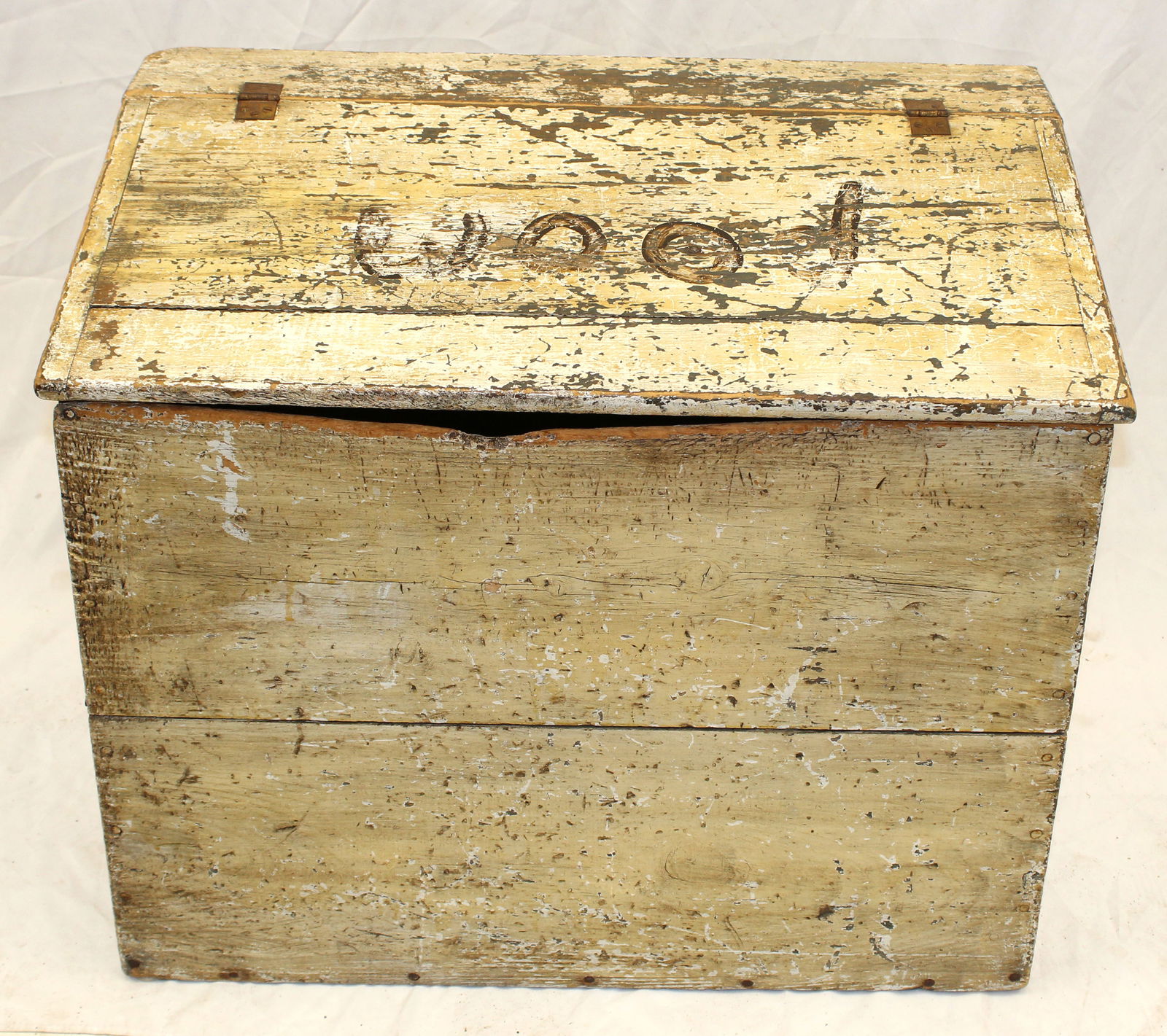 Antique wood box in cream colored paint w "Wood" painted on lid - 25" tall x 29 1/2" wide x 18 1/2": Antique wood box in cream colored paint w "Wood" painted on lid - 25" tall x 29 1/2" wide x 18 1/2" deep