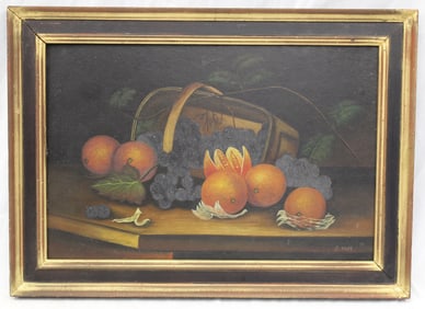 Antique o/bd still life basket of fruit spilled onto a table - 17"x23"