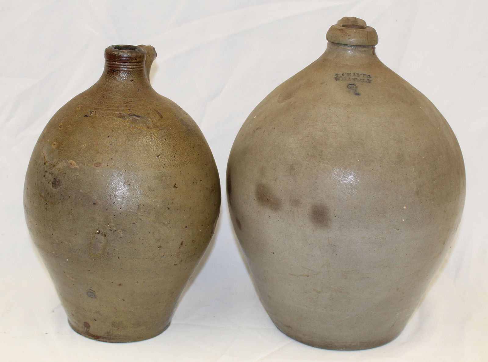 Lot of 2 ovoid stoneware jugs incl a 2 gal T.Crafts Whately & a 1 gal Boston (as found - broken (1 of 13)
