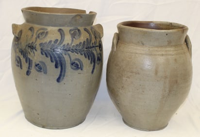 Lot of 2 large stoneware jars incl 1 w floral cobalt dec - as found - 14 1/2" & 13 1/2" tall