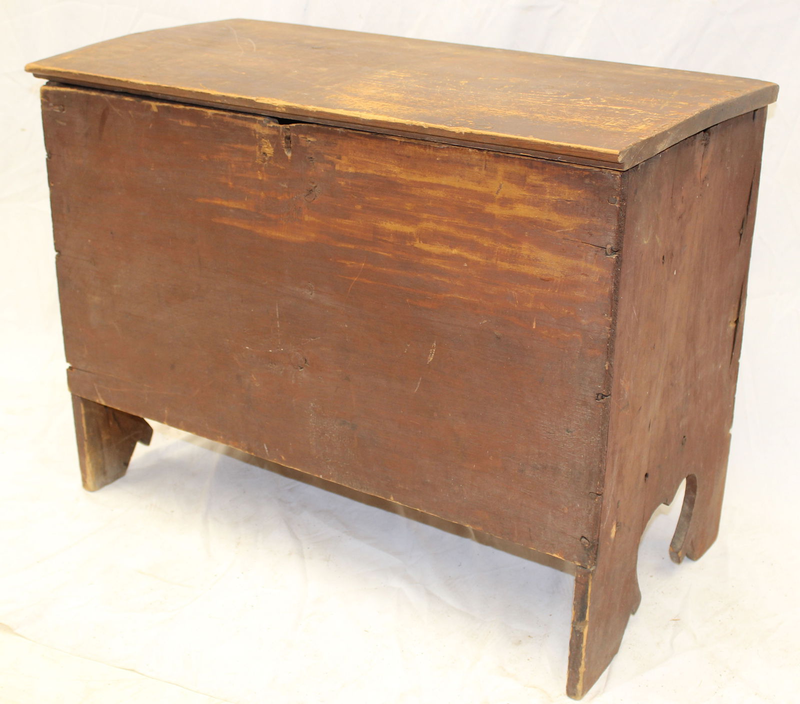 Antique wood blanket box in red paint w heart cut our sides - 24" tall x 32 1/2" wide x 15 3/4" deep (1 of 6)