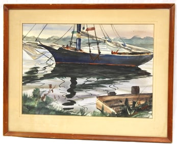 Signed R.Chase dated '46 w/c harbor scene w sailboat - 21 1/4"x27