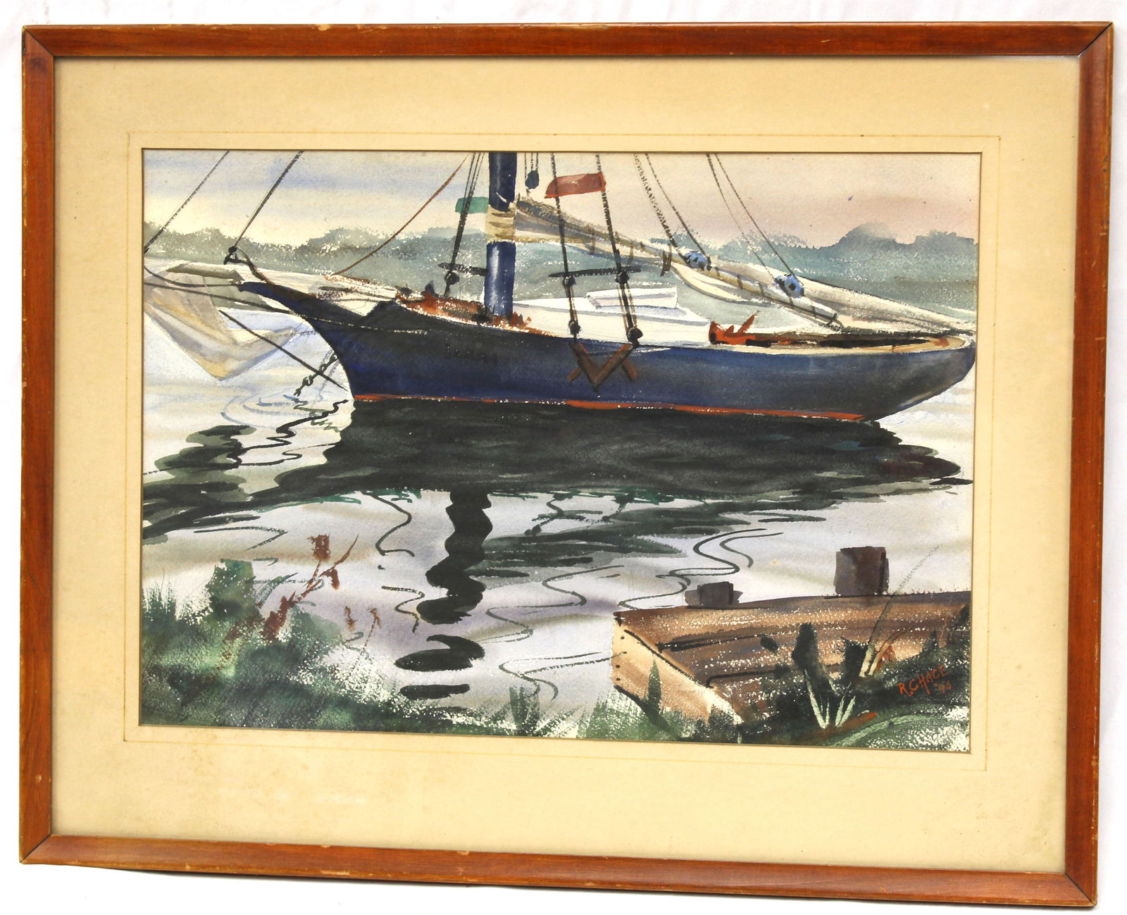 Signed R.Chase dated '46 w/c harbor scene w sailboat - 21 1/4"x27 (1 of 6)