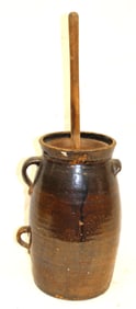 Antique stoneware butter churn w wooden dasher - 17" tall churn