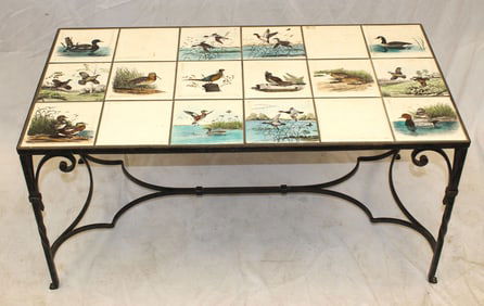 iron based tile top coffee table w painted birds/ducks motif - 18 1/5" tall x 37" wide x 19" deep