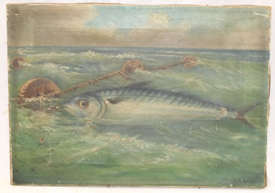 Antique o/c of a fish caught in a net in the ocean sign M.E. Horne - 14"x20"