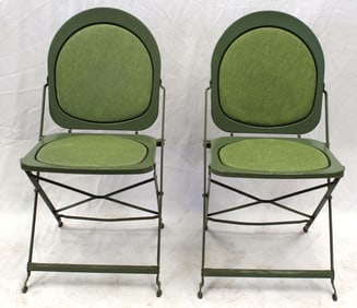 Pr of iron folding stadium chairs in green paint