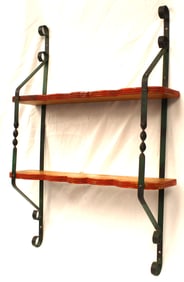 Iron & wood 2 tier wall shelf in green paint - 33" tall x 26" wide x 7" deep