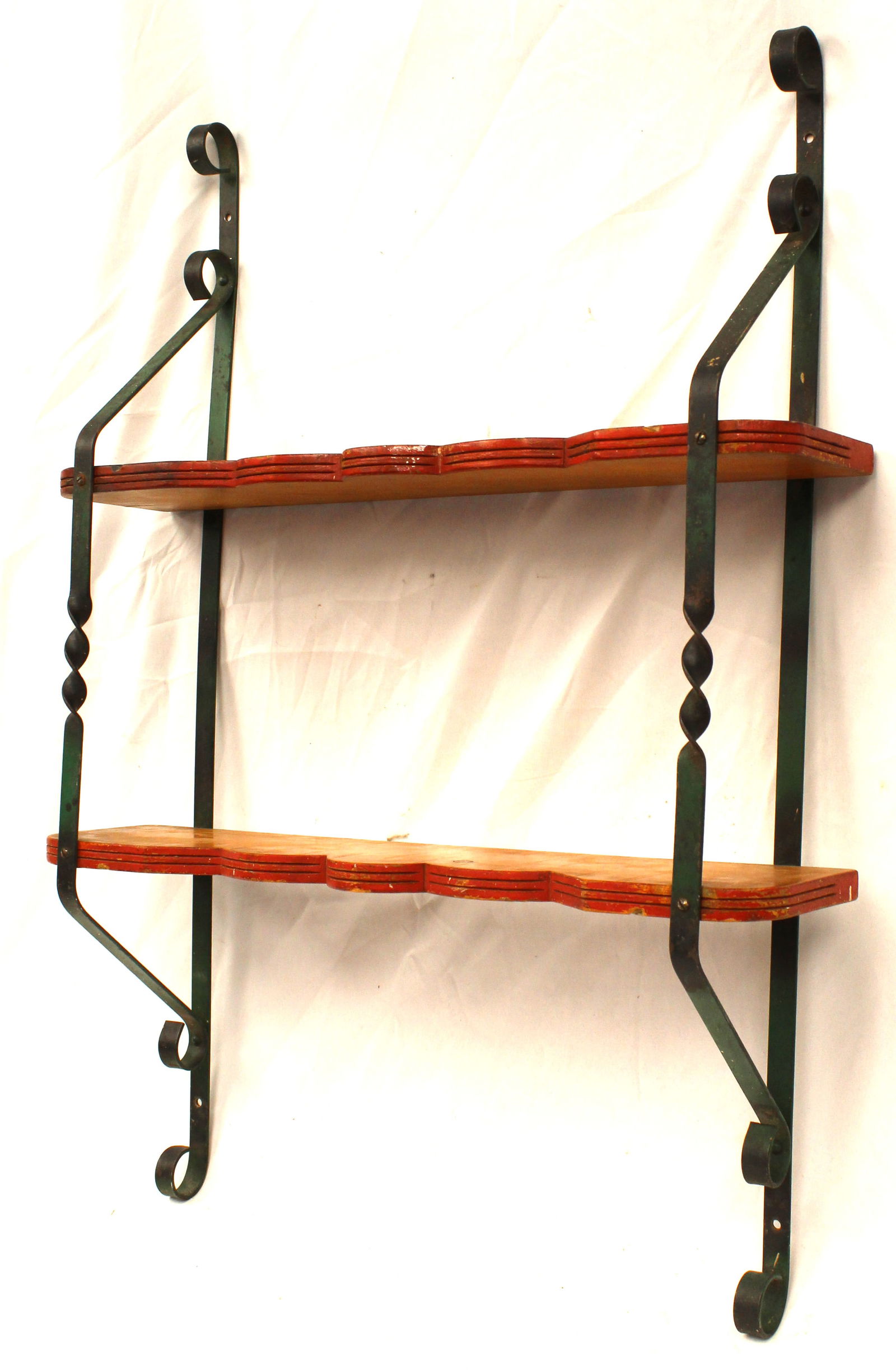 Iron & wood 2 tier wall shelf in green paint - 33" tall x 26" wide x 7" deep (1 of 6)