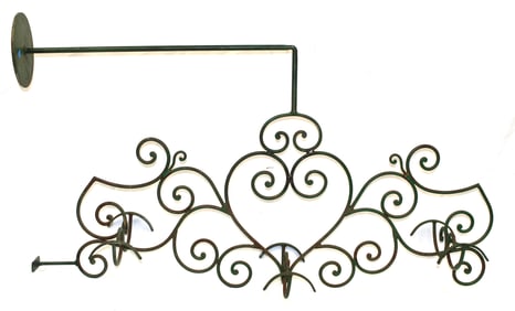 Interesting iron wall hanging hat rack in green paint - 25" x 43 1/2"