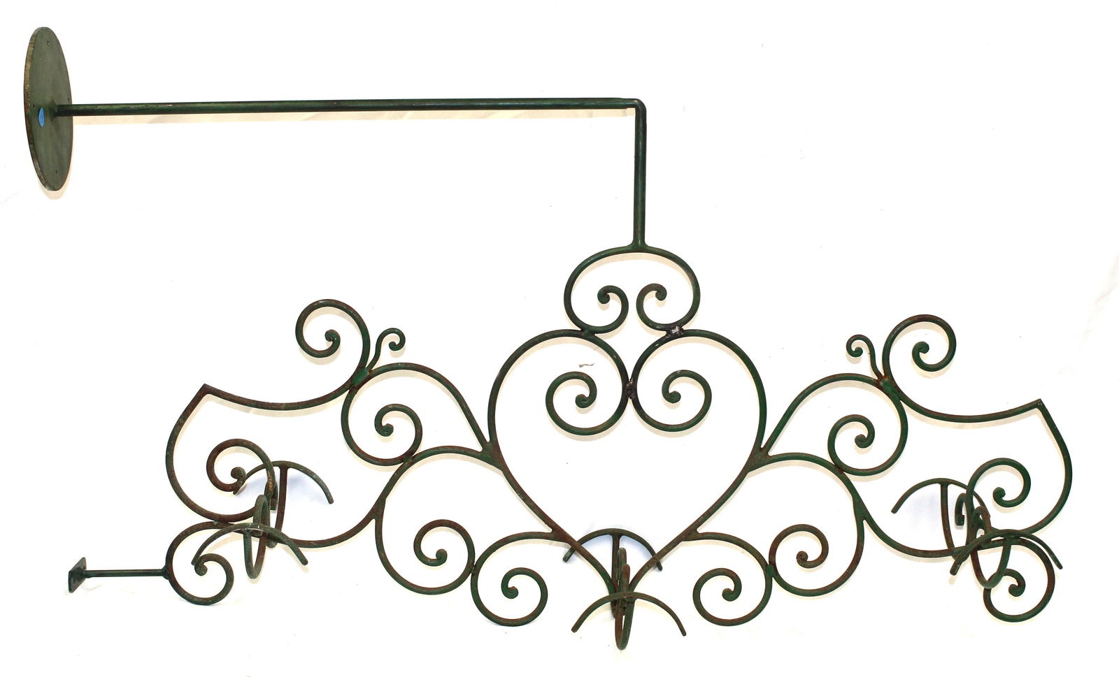Interesting iron wall hanging hat rack in green paint - 25" x 43 1/2" (1 of 8)