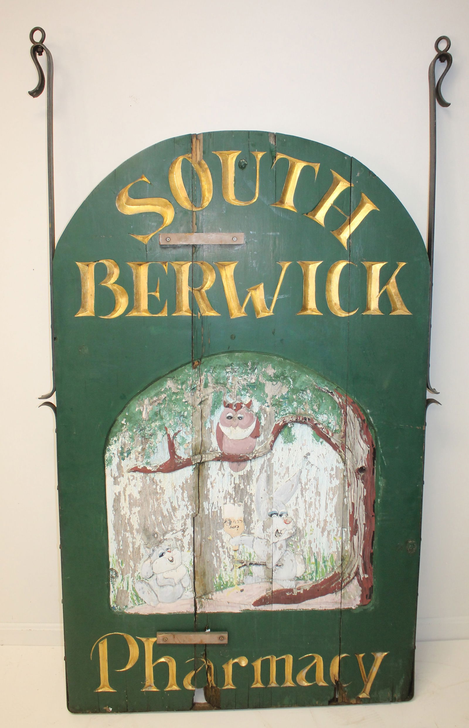Large wooden "South Berwick Pharmacy" trade sign w iron brackets: Large wooden "South Berwick Pharmacy" trade sign w iron brackets