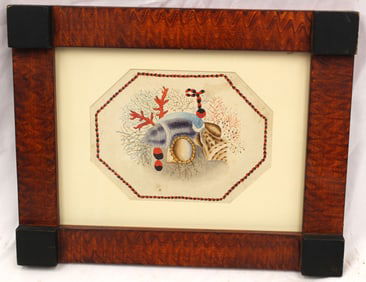 Nautical motif w/c w shells & coral in grain painted frame - 13"x16 1/2"