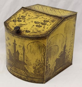 Antique toleware tea bin in yellow paint - 10" tall x 11" wide x 9" deep