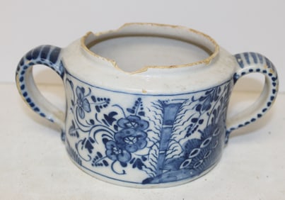 18thC Dutch blue & white 2 handled bowl/dish - as found - 3 1/2" tall x 8" wide