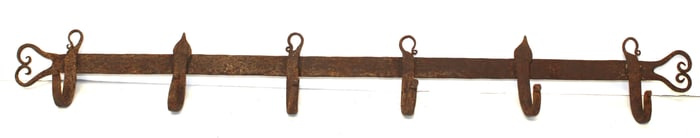 Forged iron wall mounted 6 hook rack w heart ends - 25" long