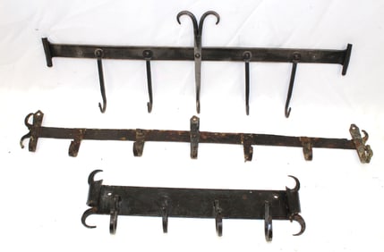 Lot of 3 forged iron stylized wall racks w hooks - 14", 20 1/2" & 24" long