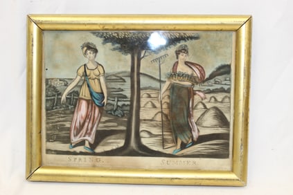 Antique framed hand colored etching "Spring" & "Summer" - overall framed size 9"x11"