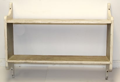 Wooden painted white wall shelf w shaped ends - 28" tall x 37" wide x 9 1/2" deep