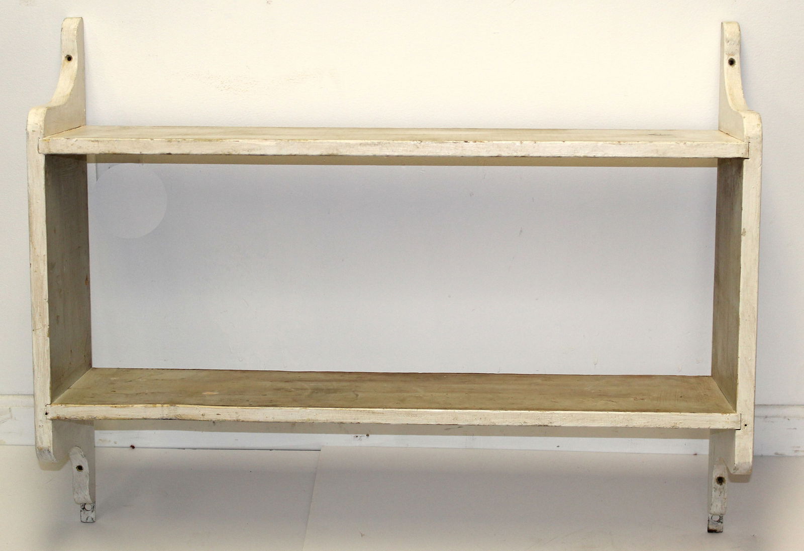 Wooden painted white wall shelf w shaped ends - 28" tall x 37" wide x 9 1/2" deep (1 of 3)