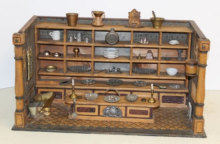 German diorama of a Tinker's shop filled with accessories - 11" tall x 20 1/4" wide x 10 3/4" deep