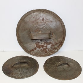 lot of 3 unusual punch dec sheet iron pot lids - 10", 10 1/2" & 14" diam