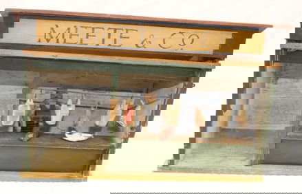 Antique wooden diorama of a butcher shop "Meete & Co" w hanging meats, butcher, etc & roll out