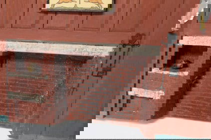 Wooden painted & decorated diorama of a cook fireplace & mantle surround with accessories - 9" tall