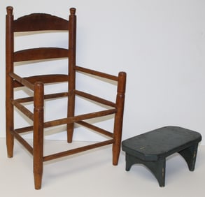 Antique child's chair (no seat) with a wooden painted green cricket stool - 21" tall chair &