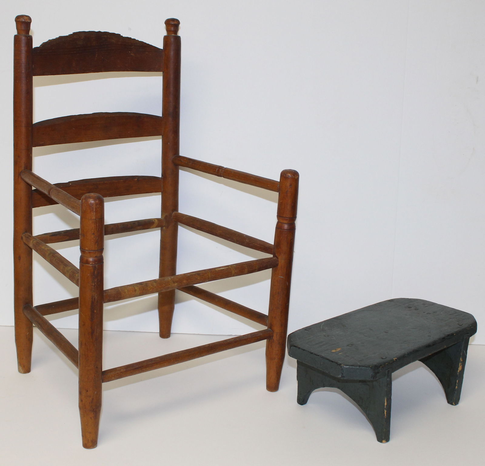 Antique child's chair (no seat) with a wooden painted green cricket stool - 21" tall chair & (1 of 6)