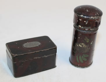 Lot of 2 antique tin travel nutmeg graters - 1" & 3" tall