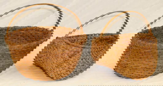 Lot of 2 baskets incl fixed handled & buttocks - 10" tall x 12" diam & 9 1/2" tall x 11"x9"