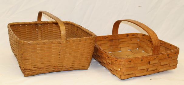 Lot of 2 square fixed handled baskets - 9" tall x 14" square & 8" tall x 14 1/2" square
