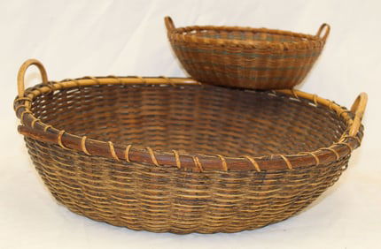 Lot of 2 round baskets - 4" tall x 14" diam & 2" tall x 7 1/2" diam