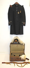 Antique VT fraternal uniform incl coat, trunk w hat, epaulets & belt