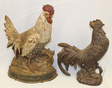 Lot of 2 cast iron Rooster form doorstops - 13" & 12" tall