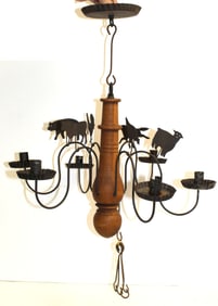 Contemporary antique style hanging candlelamp chandelier w sheet tin farm animals motif & wooden