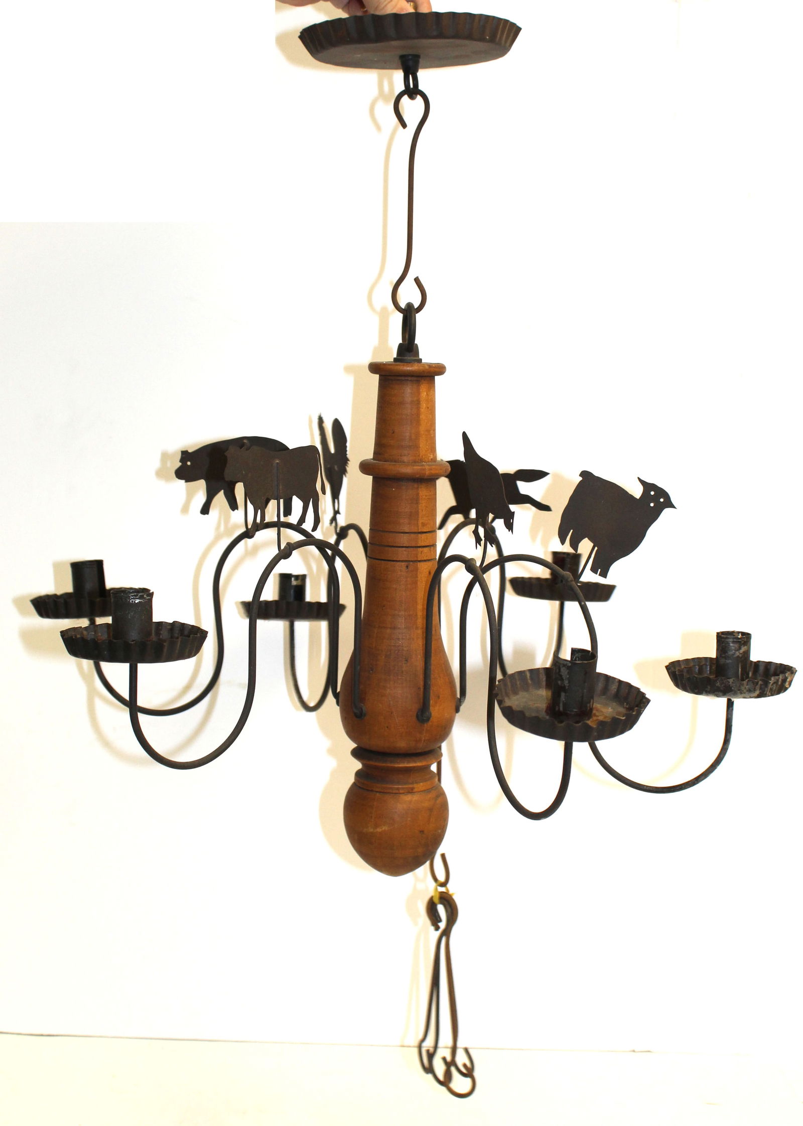 Contemporary antique style hanging candlelamp chandelier w sheet tin farm animals motif & wooden (1 of 8)