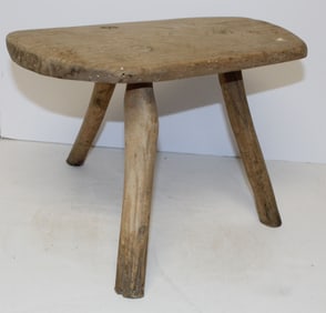 Antique tri-legged wooden milking stool - 9 1/2" tall x 13" wide x 8 1/2" deep