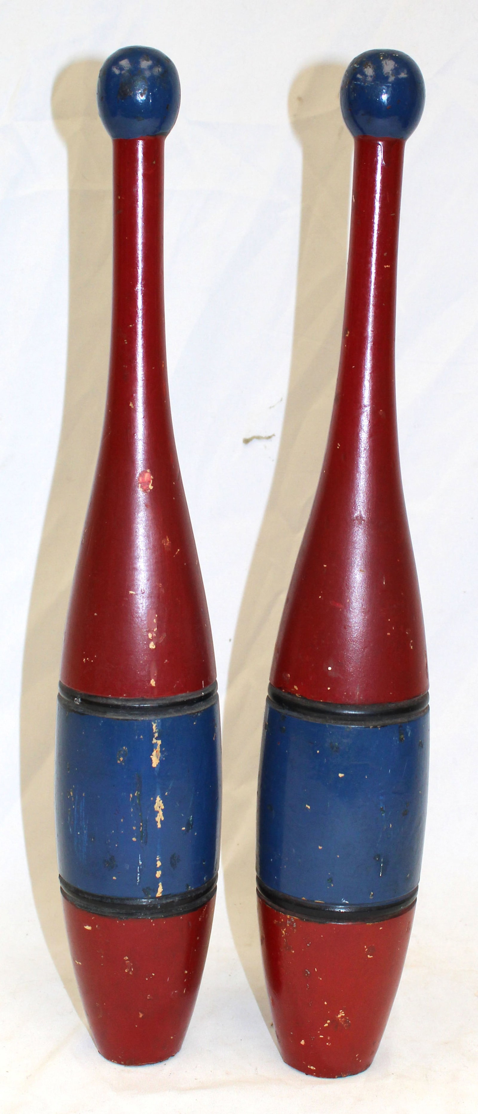 Pair of blue & red painted wooden Indian clubs - 18" tall (1 of 3)