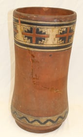 Antique terra cotta umbrella stand w Native American decorated top - 20" tall x 10" diam