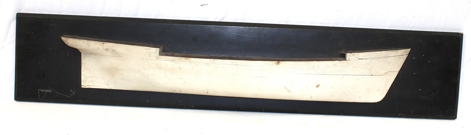Antique wooden half hull in white & black paint - 44" long x 9" tall: Antique wooden half hull in white & black paint - 44" long x 9" tall