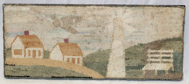 Antique hooked rug w lighthouse motif - mounted for wall hanging - 30" wide x 12 1/2" tall