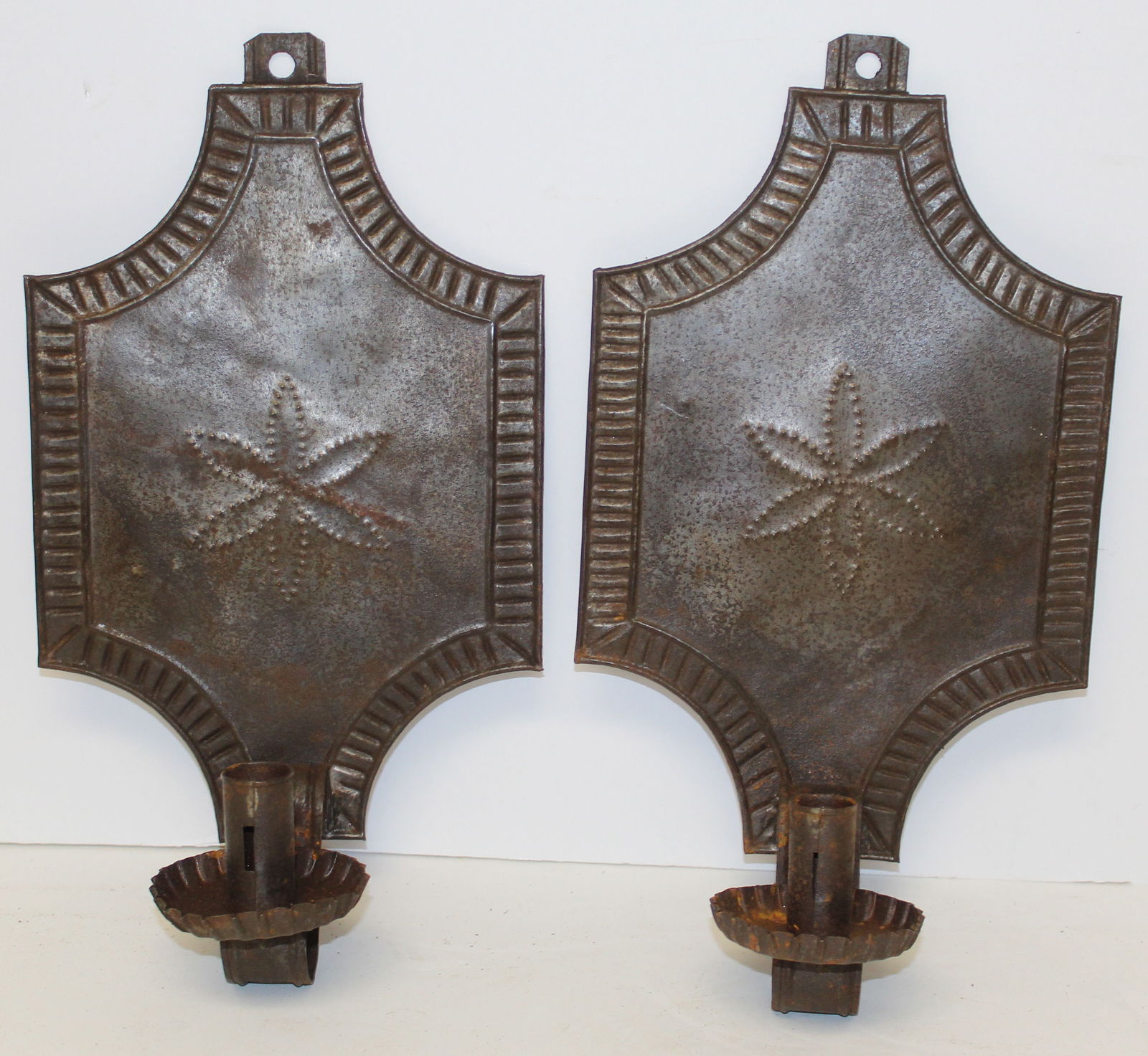 Pair of antique style shaped tin wall candle sconces - 14" tall (1 of 10)