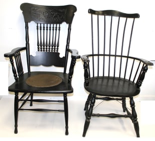 Lot of 2 antique style chairs in black paint incl a knuckle arm Windsor example